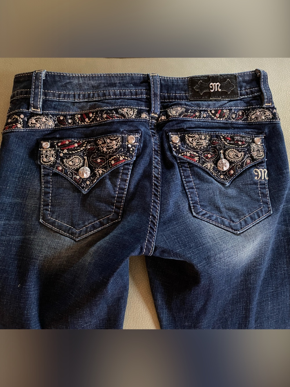 Miss Me Indigo Bootcut Jeans with Paisley Pocket Trim